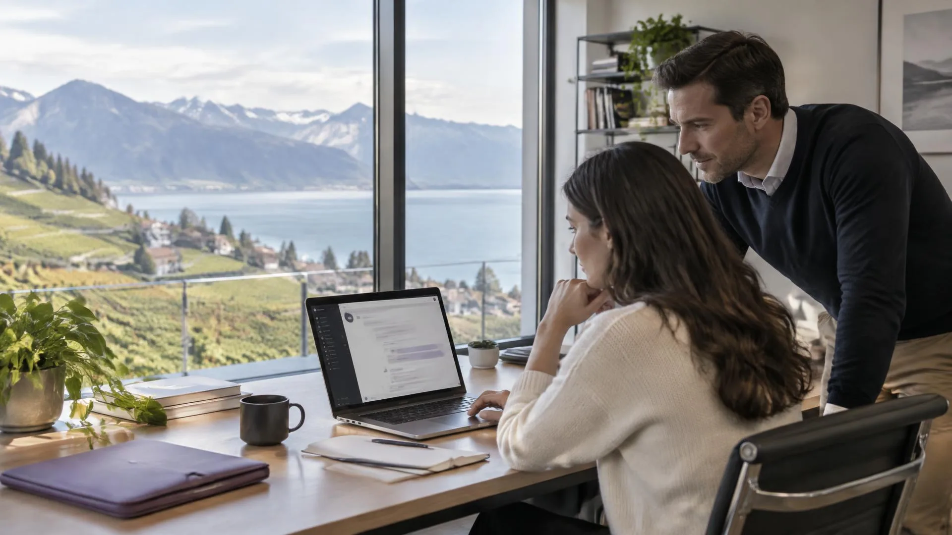 Zwei Personen arbeiten mit einem KI-Assistenten am Laptop, im Fenster Rebberge über dem Genfersee und die Alpen