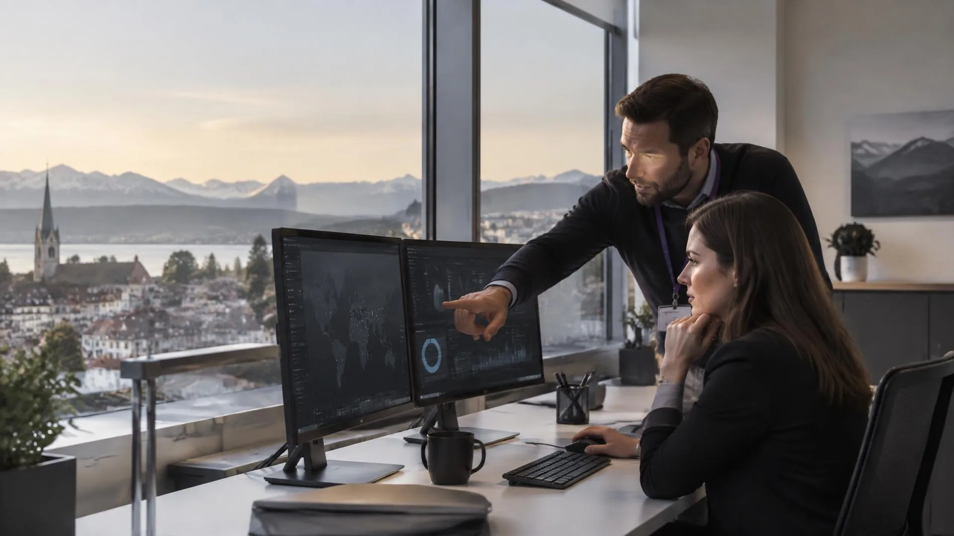 Zwei Fachleute analysieren Sicherheitsmeldungen an zwei Bildschirmen in einem Schweizer Büro mit Blick auf See und Alpen