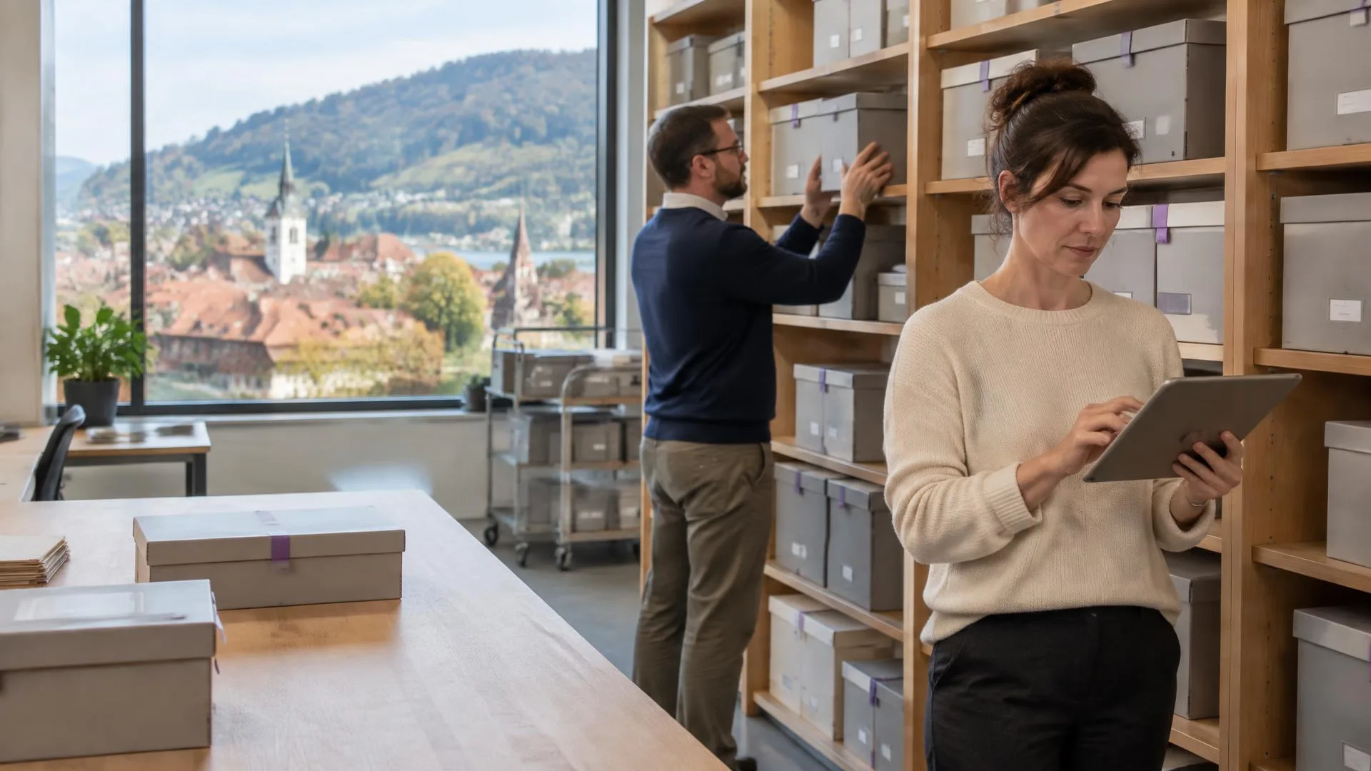 Zwei Mitarbeitende ordnen Archivschachteln in einem hellen Archivraum mit Blick auf eine Schweizer Kleinstadt
