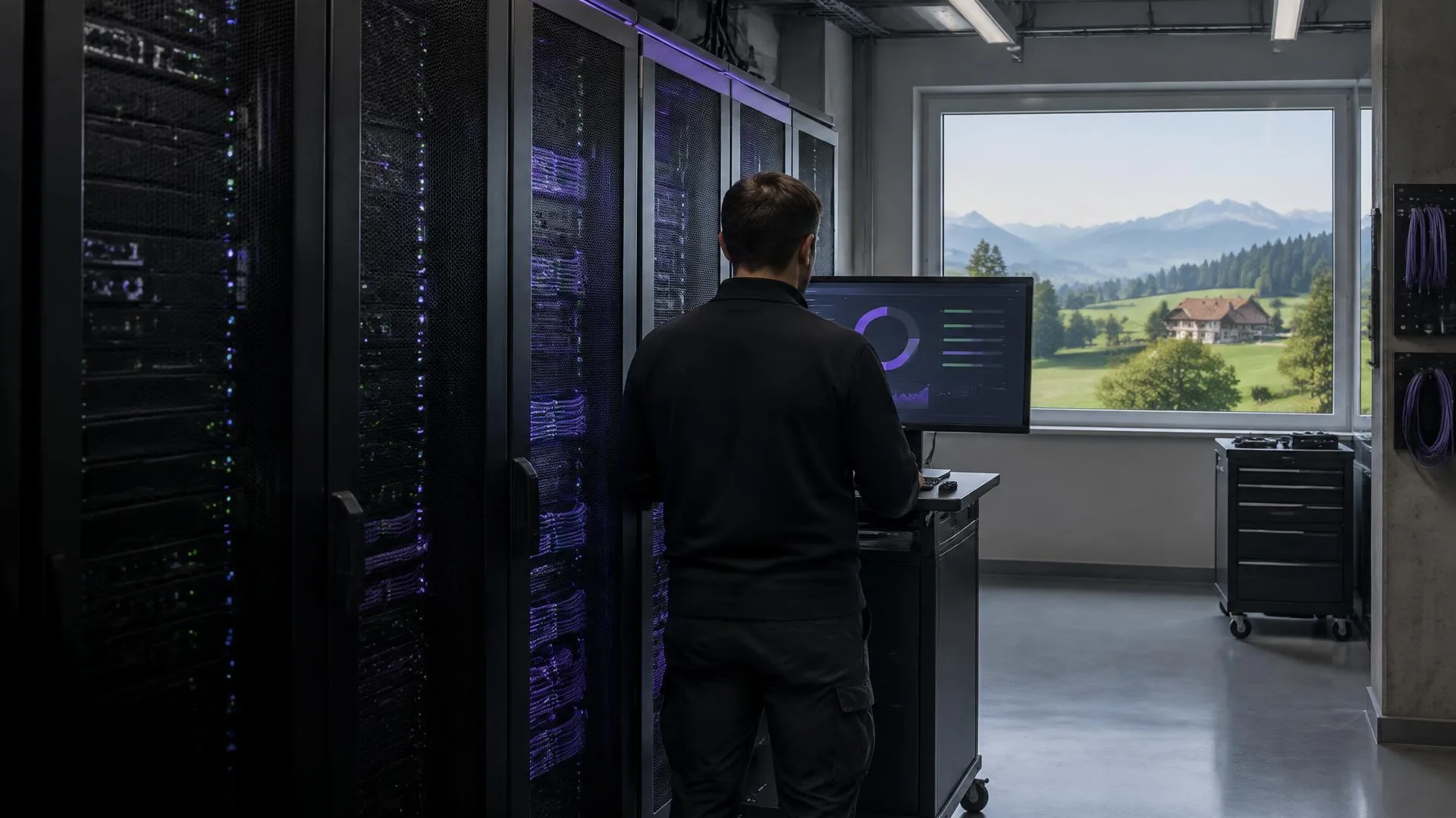 IT-Fachperson prüft im Serverraum ein Patch-Dashboard, im Fenster grüne Hügel und ein Bauernhaus im Schweizer Mittelland