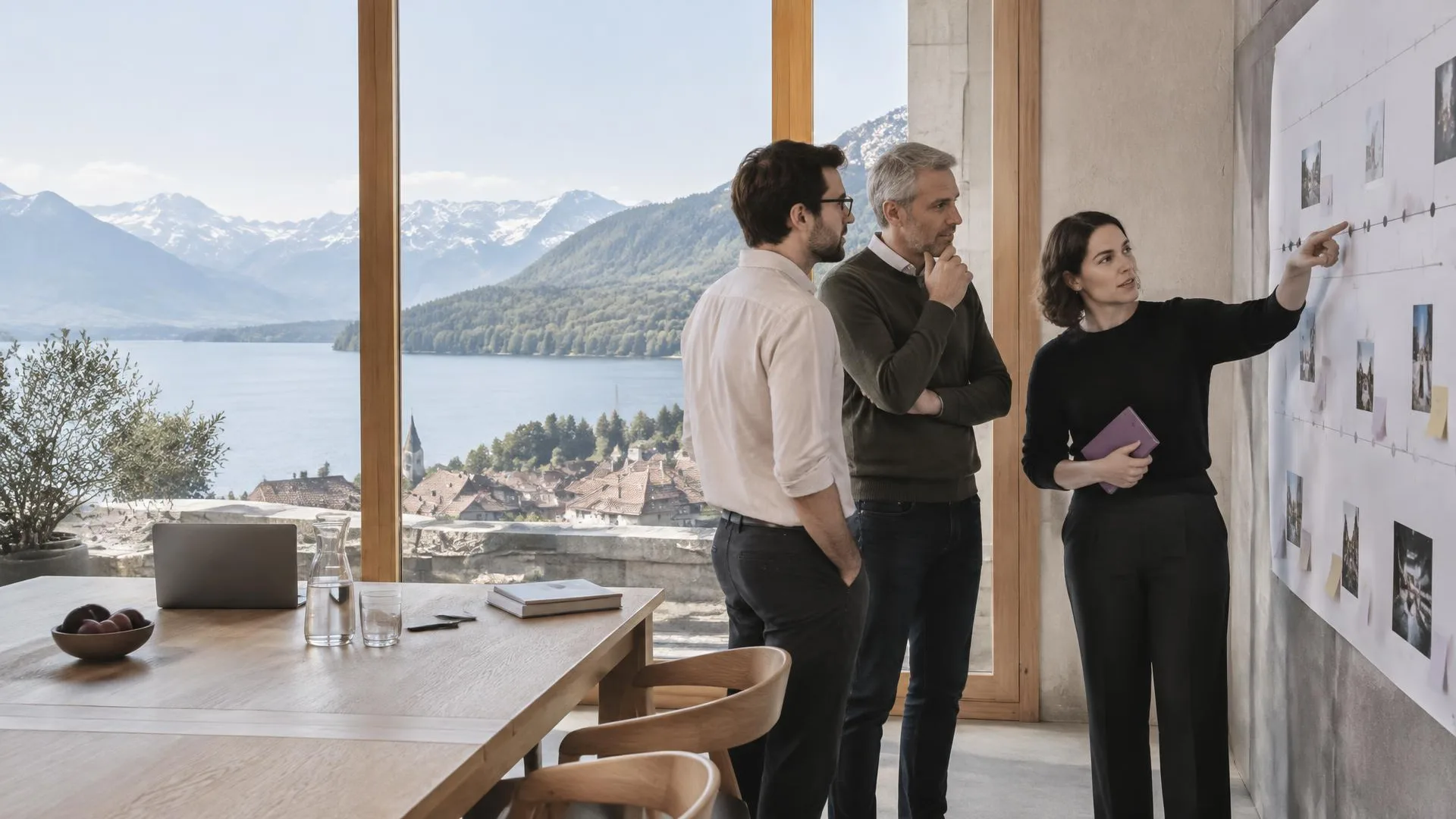 Drei Personen besprechen eine IT-Roadmap an der Wand eines Büros mit Blick auf einen Schweizer See und die Alpen