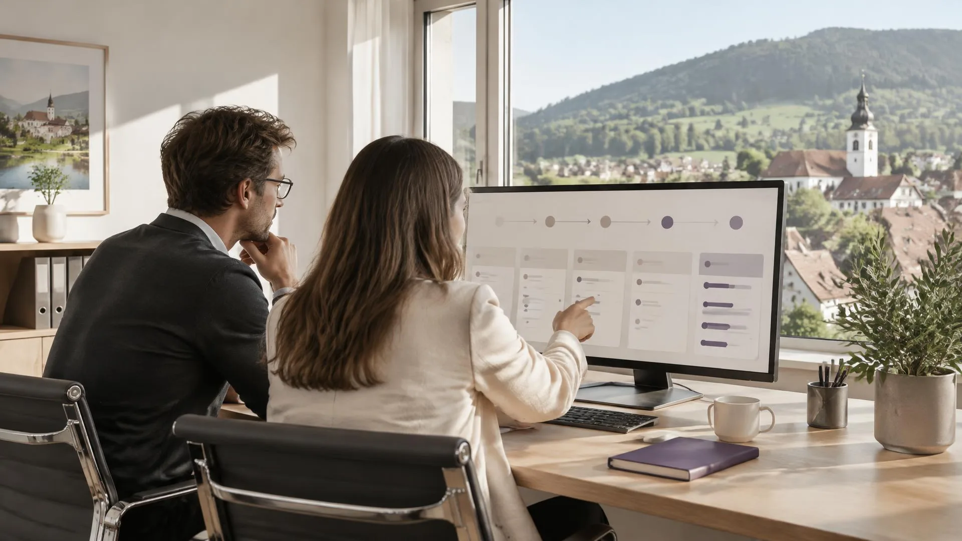 Zwei Fachpersonen verfolgen am Bildschirm einen digitalen Ausschreibungsablauf, im Fenster eine Schweizer Kleinstadt mit Kirchturm