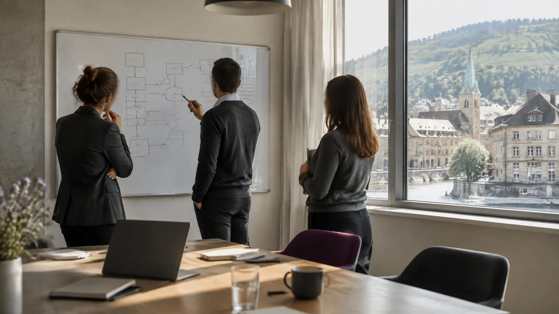 Revisionsteam bespricht einen Prozessablauf am Whiteboard, im Fenster eine Schweizer Kleinstadt am Fluss