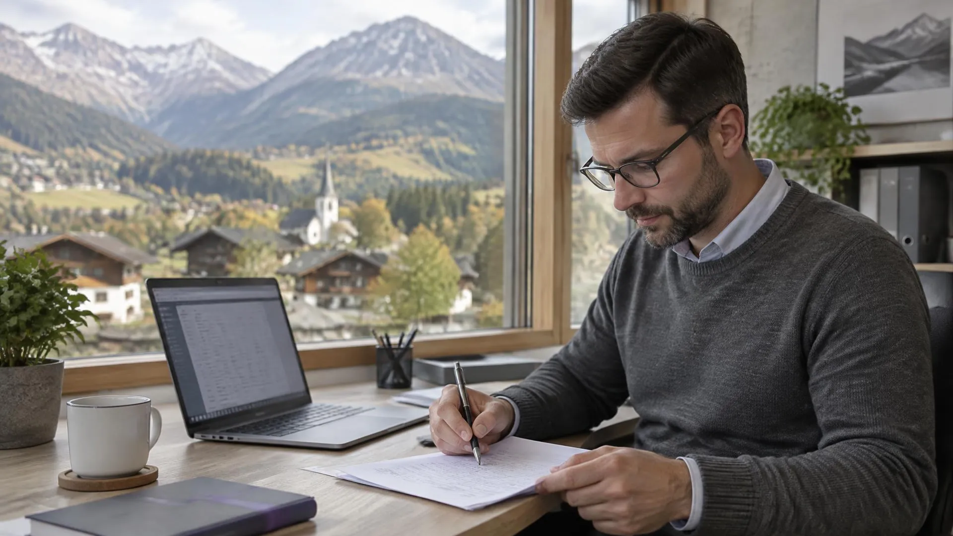 Administrator markiert Einträge auf einer ausgedruckten Kontenliste, im Fenster ein Schweizer Bergdorf mit Chalets und Gipfeln