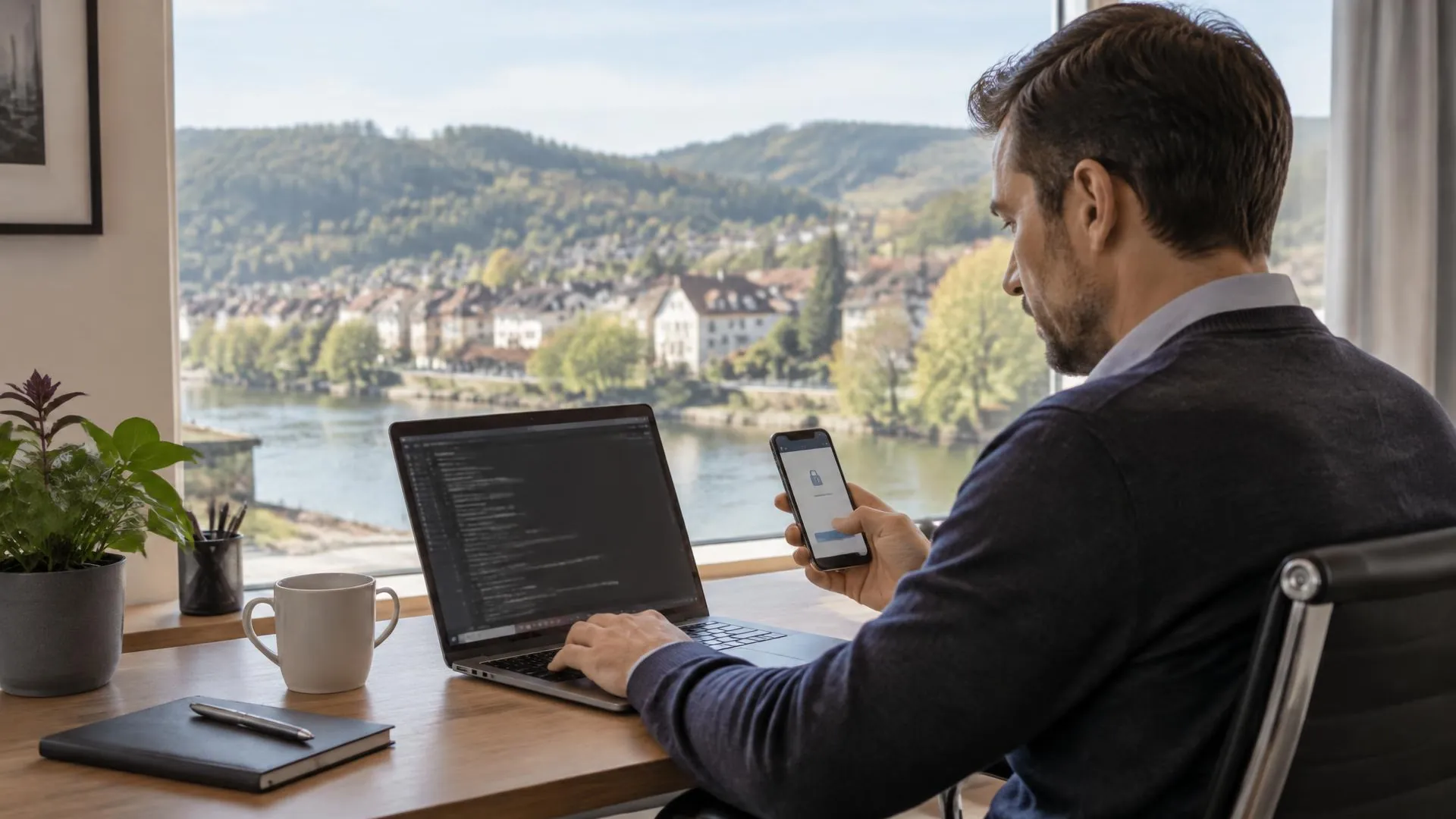 IT-Fachmann arbeitet in einer Kommandozeile am Laptop und bestätigt die Anmeldung am Smartphone, im Fenster eine Kleinstadt am Fluss