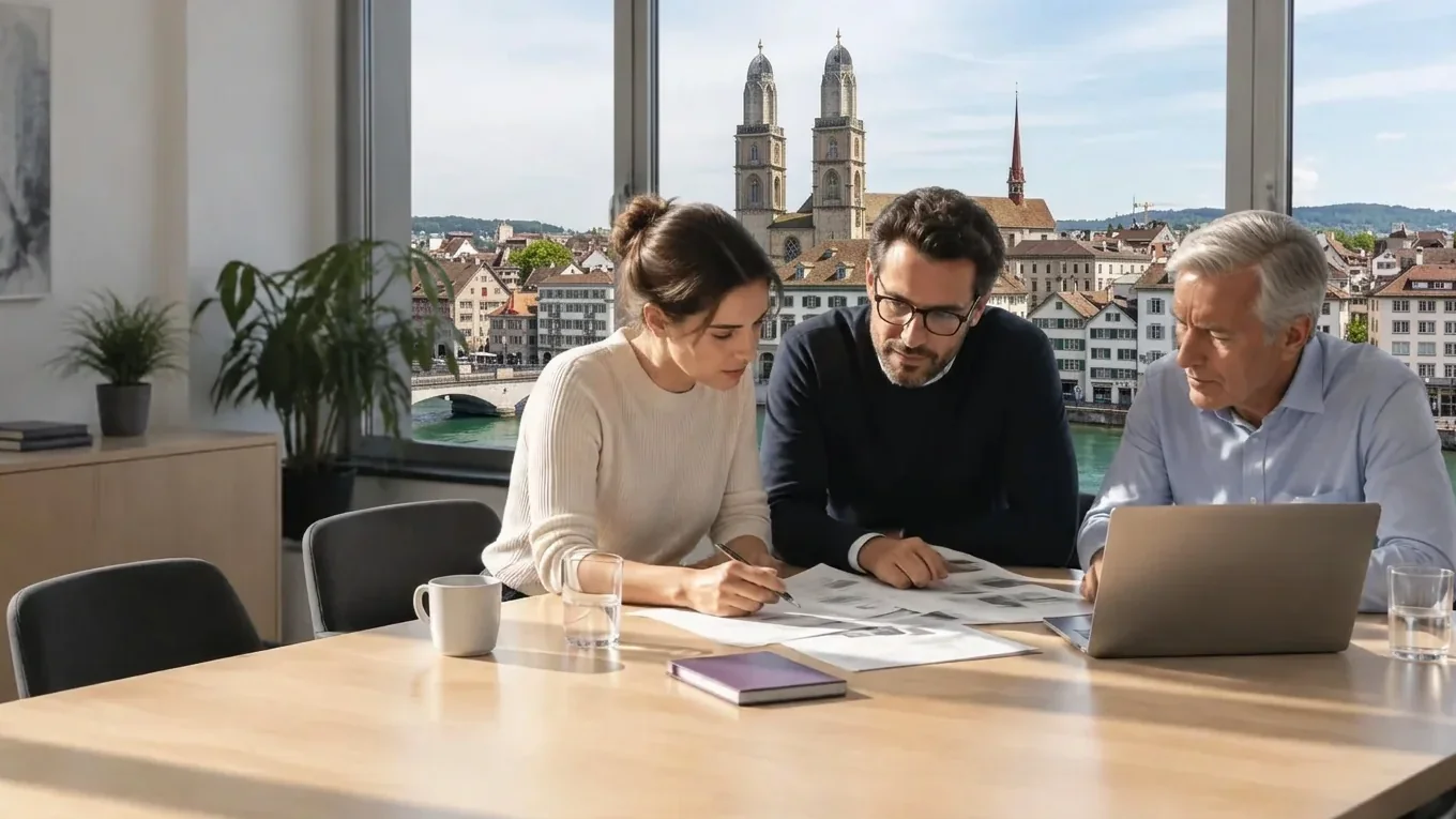 Projektteam bespricht die Microsoft-365-Einführung in einem Zürcher Büro mit Blick über die Limmat auf die Altstadt